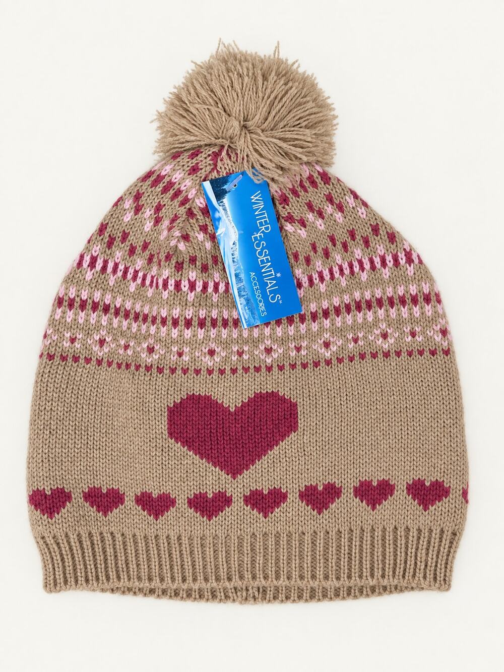 Winter Essentials Women’s Knit Pom Pom Beanie Beige Pink Hearts One Size NWT